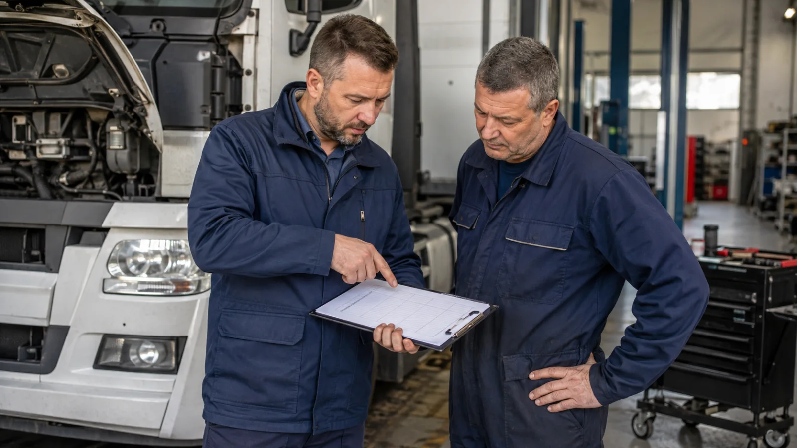 Механики осматривают грузовик в ремонтном боксе